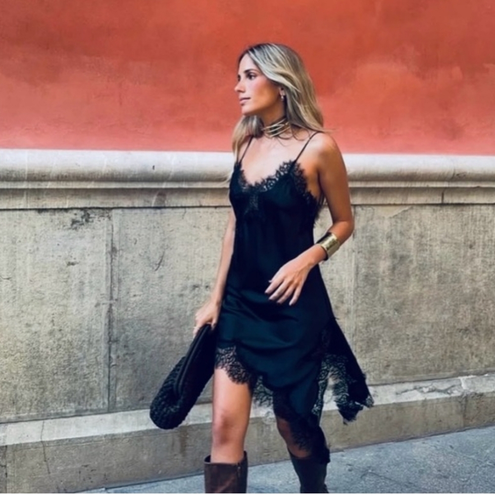 Zara Lace Asymmetric Dress Dark Navy XS